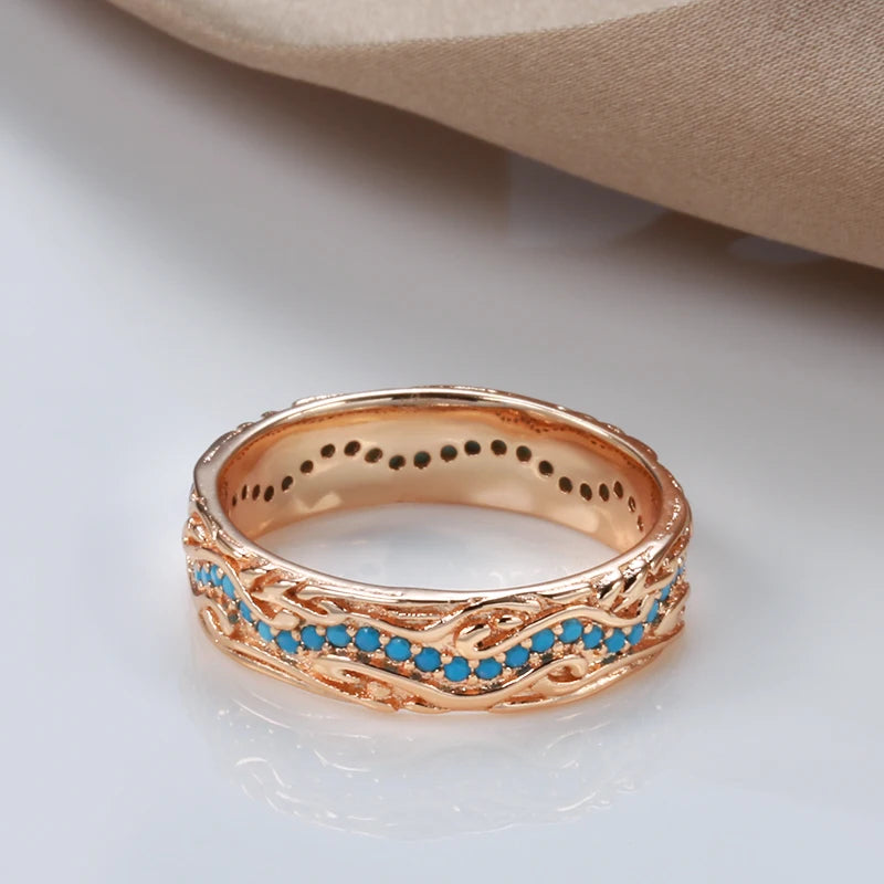 Superb Trendy Full Circle 14K Rolled Rose Gold Exquisite Turquoise Stackable Ring - Fine Vintage Jewellery