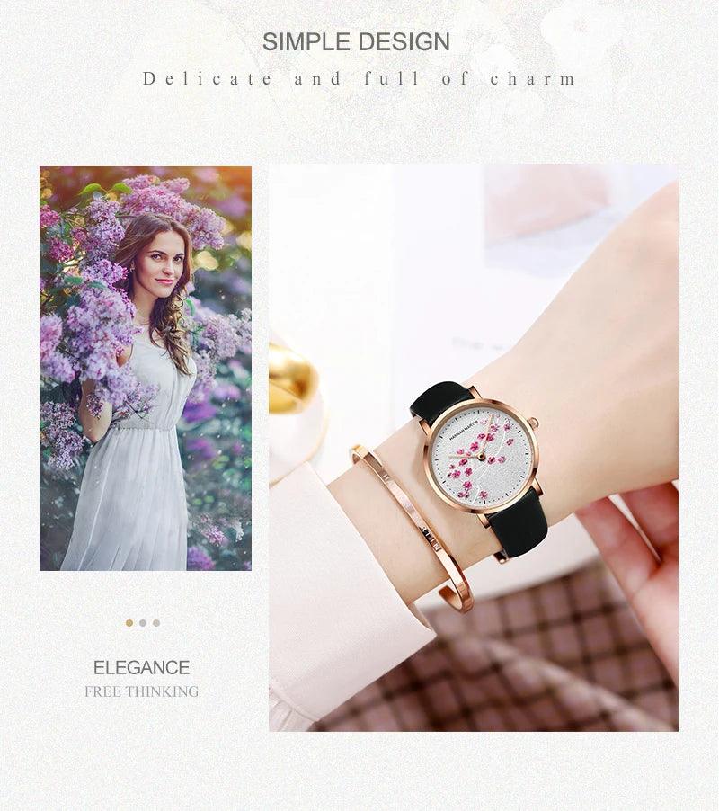 New Design Elegant Red Plum Blossom Dial Female Watch - Quartz Movement Genuine Leather Band  Ladies Wristwatches