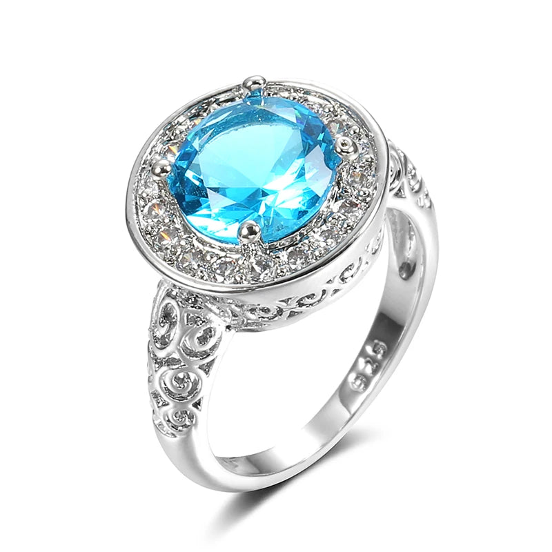 New Fashion Ethnic Hollow Flower Design Rolled 14K Rose Gold Big Blue AAA Zircon Diamonds Ring - Fine Jewellery