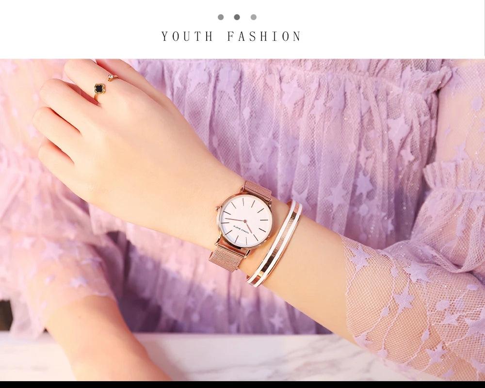 Elegant Top Luxury Brand Rose Gold Colour New Quartz Movement Ladies Wristwatches Stainless Steel Mesh Women Watches
