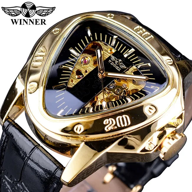 Top Brand Luxury Steampunk Fashion Triangle Golden Skeleton Movement Mysterious Automatic Mechanical Wrist Watches