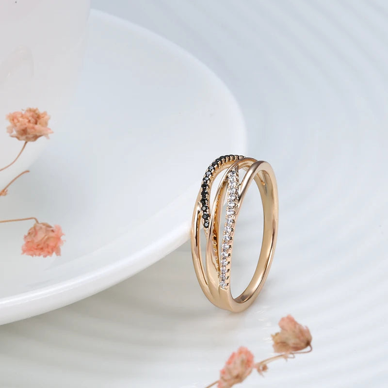 New 14K Filled Rose Gold Unusual Geometry Cross AAA Black, White Zircon Diamonds Ring - Vintage Wedding Jewellery