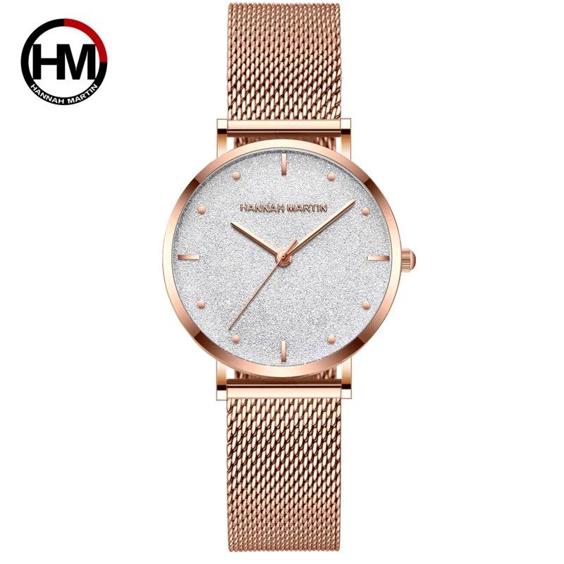 Elegant Flash Stars Design Ladies Watch, Stainless Steel Rose Gold Colour Mesh Casual Quartz Waterproof Wristwatches