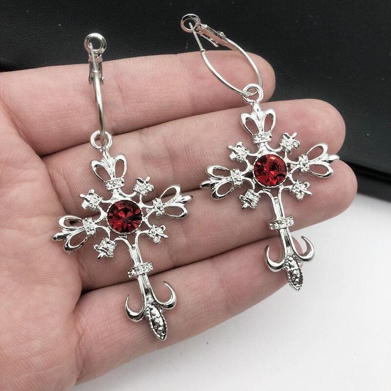 Gothic Punk Cross Hip Hop Rock Red Oil Drip Crystal Drop Earrings for Women - Christian Fashion Jewellery - The Jewellery Supermarket