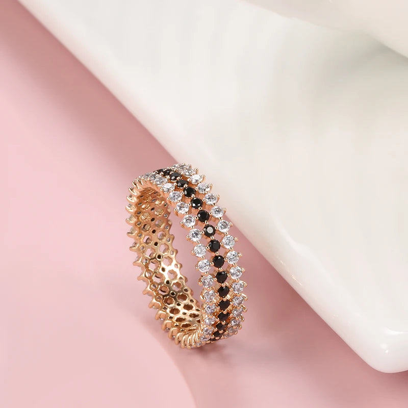 Luxury Vintage Style Rolled 14K Rose Gold Full Black White AAA Zircon Diamonds Shiny Ring - Fine Jewellery
