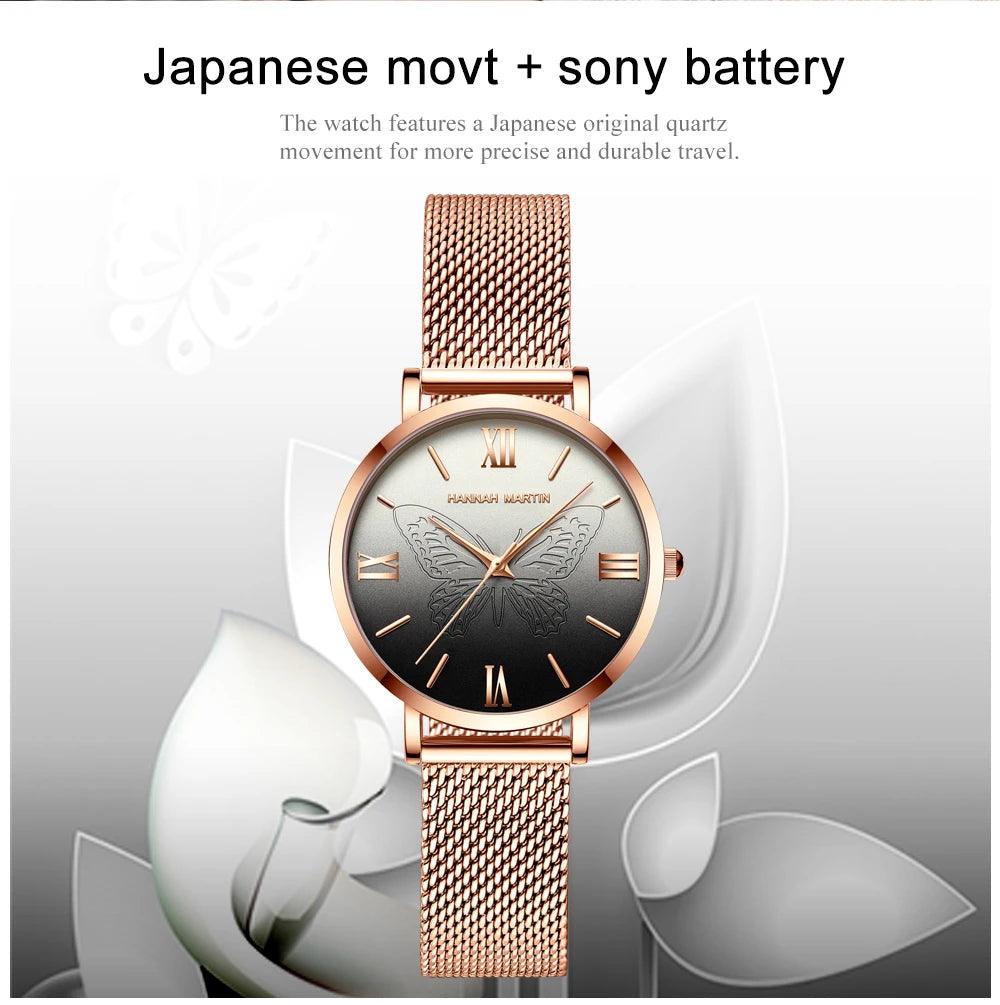 Luxury 3D Butterfly Top Brand Elegant Women Watches Quartz Movement Stainless Steel Waterproof Wristwatches