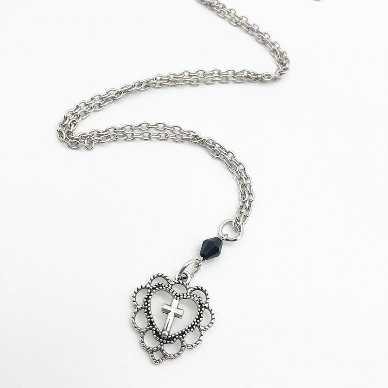 Gothic Punk Style Hollow Heart Cross Pendant Necklace - Religious Dark Art Goth Jewellery Necklaces For Women - The Jewellery Supermarket