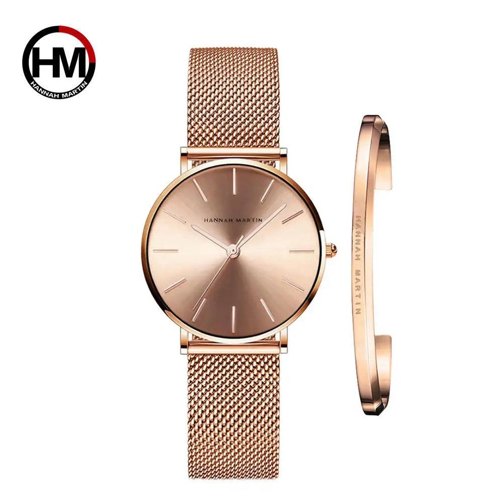 New Arrival Simple Elegant Rose Gold Women Bracelet Watches Set Quartz Movement Stainless Steel Mesh Watches
