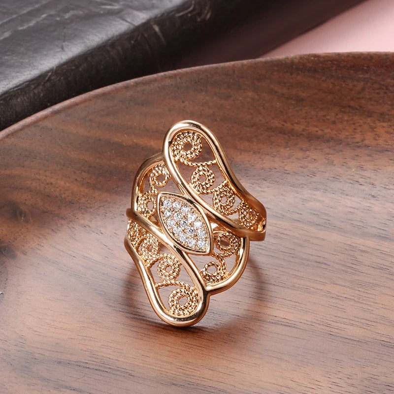 Exquisite Hollow Crystal Flower 14K Rolled Rose Gold AAA Zircon Diamons Pave Setting Ring - Vintage Jewellery