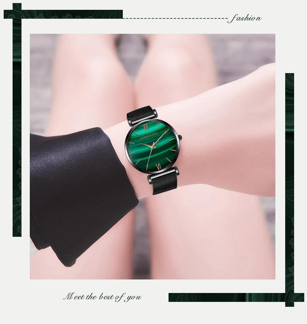 Elegant Fashion Green Malachite Dial Casual Ladies Watches - Stainless Steel Strap Waterproof Quartz Wristwatches