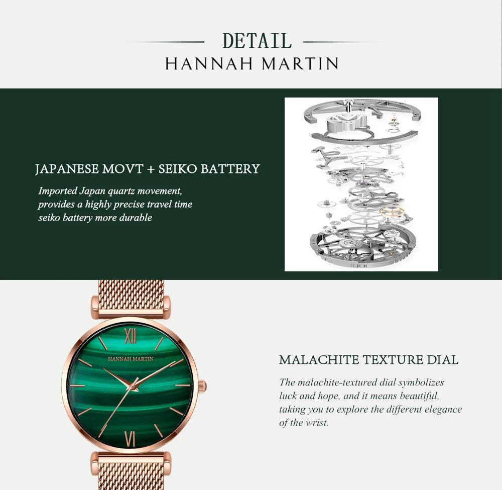 Elegant Fashion Green Malachite Dial Casual Ladies Watches - Stainless Steel Strap Waterproof Quartz Wristwatches