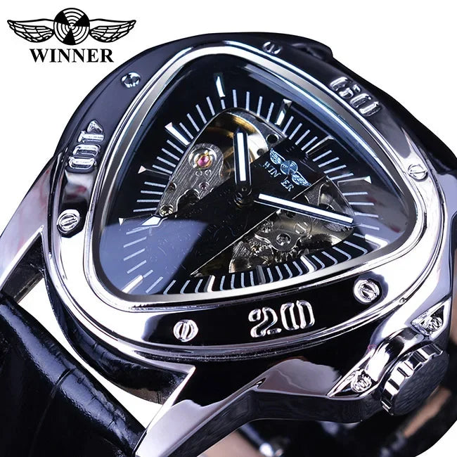Top Brand Luxury Steampunk Fashion Triangle Golden Skeleton Movement Mysterious Automatic Mechanical Wrist Watches