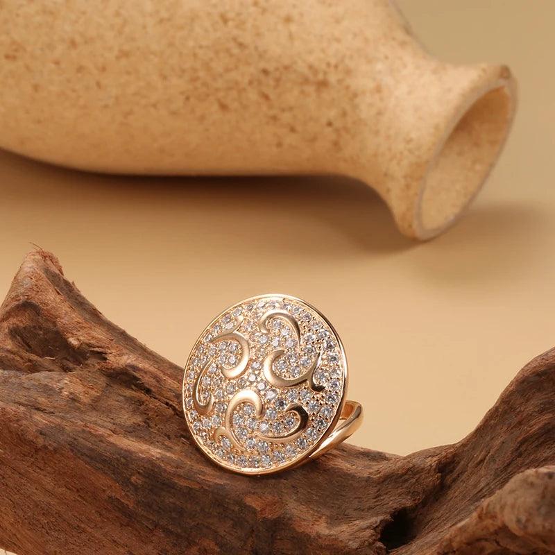 Luxury AAA Zircon Diamonds 14K Rolled Rose Gold Crystal Flowers Big Round Ring For Women - Engagement Jewellery