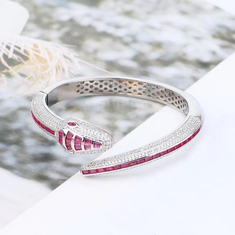 Designer Collection Rectangle Zircon Diamonds Gold Color Snake Serpent Snakelike Open Bangle Bracelet Ladies Watches