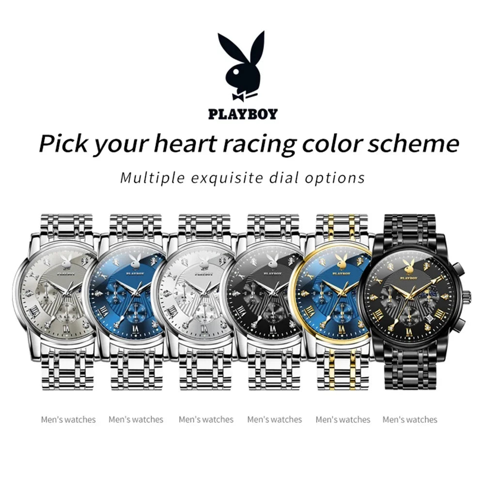 PLAYBOY Fashion Luxury Multifunction Original Waterproof Stainless Steel High Quality Quartz Watch for Men