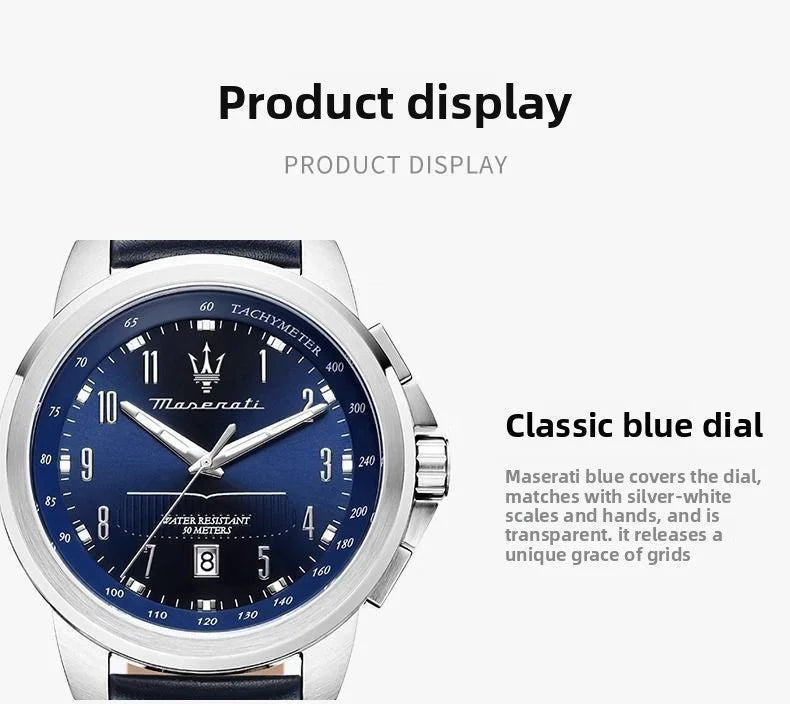 New Maserati Watch Men's Dial Simple Quartz Classic Business Blue Leather Strap Three-eye Timing waterproof  Watch