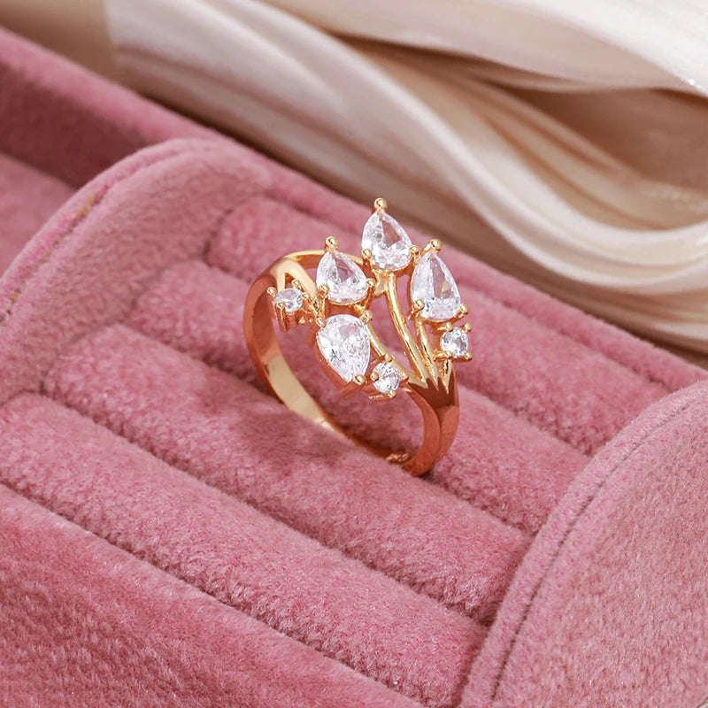 New Season Luxury Filled 14K Rose Gold White AAA Zircon Diamonds Leaf Ring - Party Wedding Luxury Jewellery