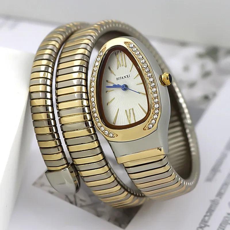 Unique Snake Shaped Design Bracelet Gold Silver Watches for Women Luxury Bangle Quartz Watches