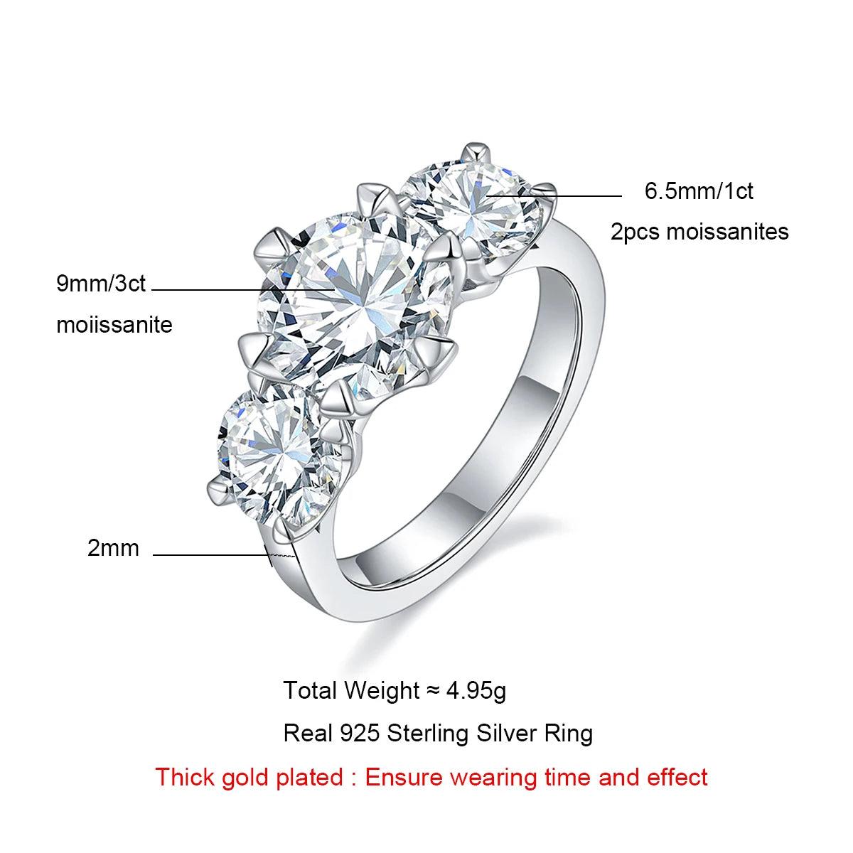 Beautiful 5ct D Colour Three Stone Moissanite Diamonds 18GP Silver Engagement Wedding Promise Rings GRA Jewellery