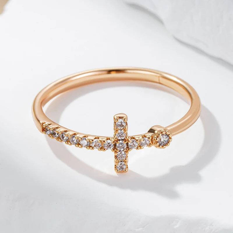 Popular Filled 14K Rose Gold Shiny AAA Zircon Diamonds Faith Cross Rings for Women - High Quality Fine Jewellery