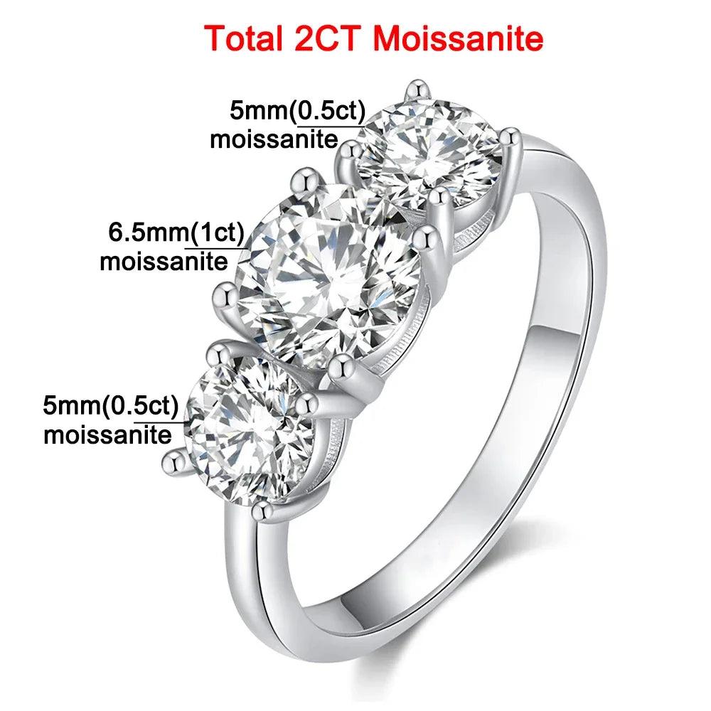 Amazing 3 Stones Sparkling 2/4 Carat Moissanite Diamonds Rings Silver Wedding Engagement Jewellery With Certificate