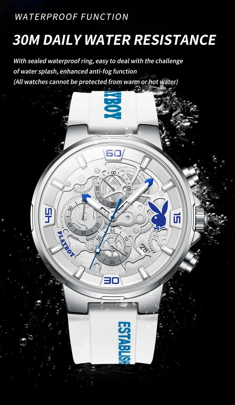 PLAYBOY Top Brand High Quality Luxury Men Watch Silicone Strap Waterproof Fashion Quartz Men's Watches