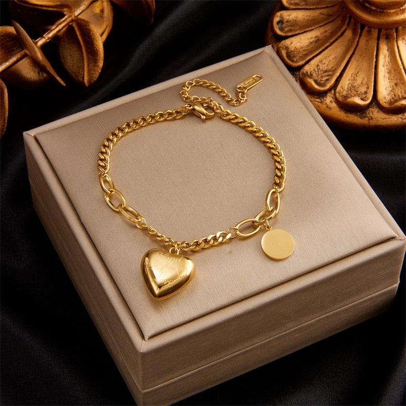 316L Stainless Steel Gold Colour Heart Butterfly Thick Bracelet For Women - High Quality Charming Jewellery - The Jewellery Supermarket