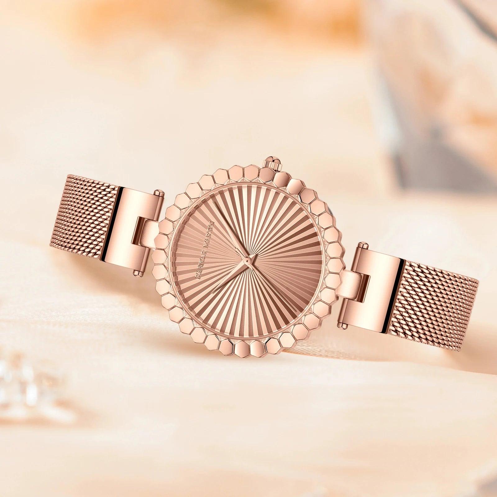 Luxury Brand Elegant Gold Tone Geometric Dial Women's Quartz Movement Watches Stainless Steel Mesh Belt Watches