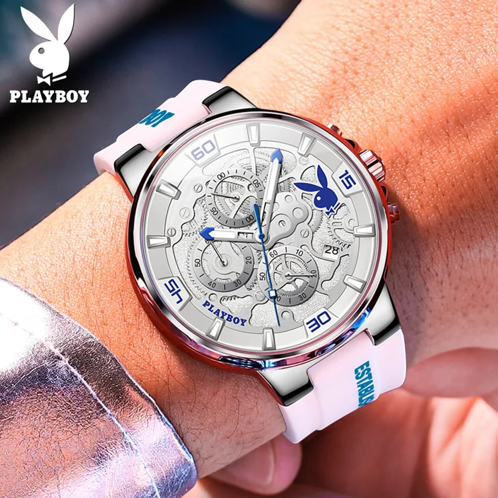 PLAYBOY Top Brand High Quality Luxury Men Watch Silicone Strap Waterproof Fashion Quartz Men's Watches