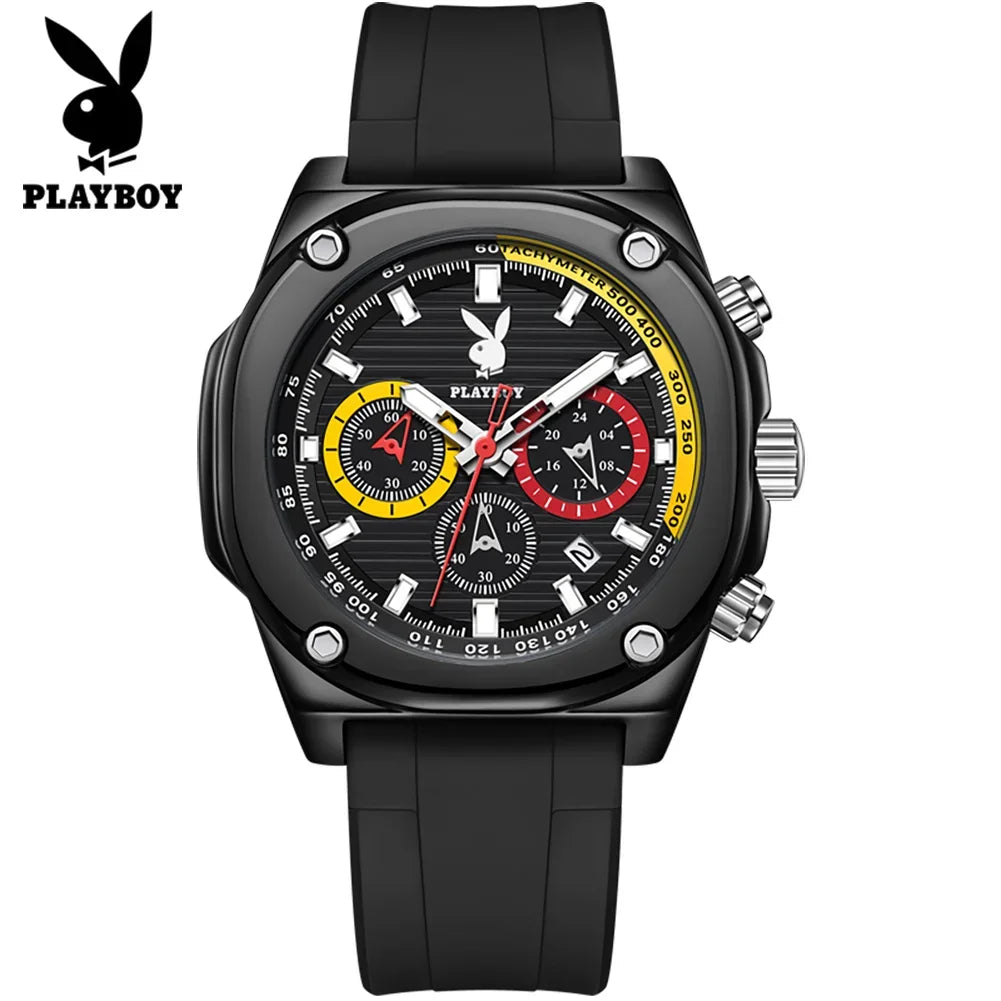 PLAYBOY Top Brand Original Luxury Waterproof Silicone Strap Calendar Luminous Fashion Quartz Men's Wrist Watches