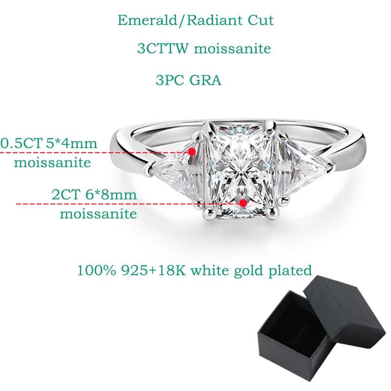 Fabulous Radiant Cut 3ct Full Moissante Diamonds Wedding Engagement Rings - Certified Plated Platinum Silver Rings