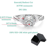 Fabulous Radiant Cut 3ct Full Moissante Diamonds Wedding Engagement Rings - Certified Plated Platinum Silver Rings