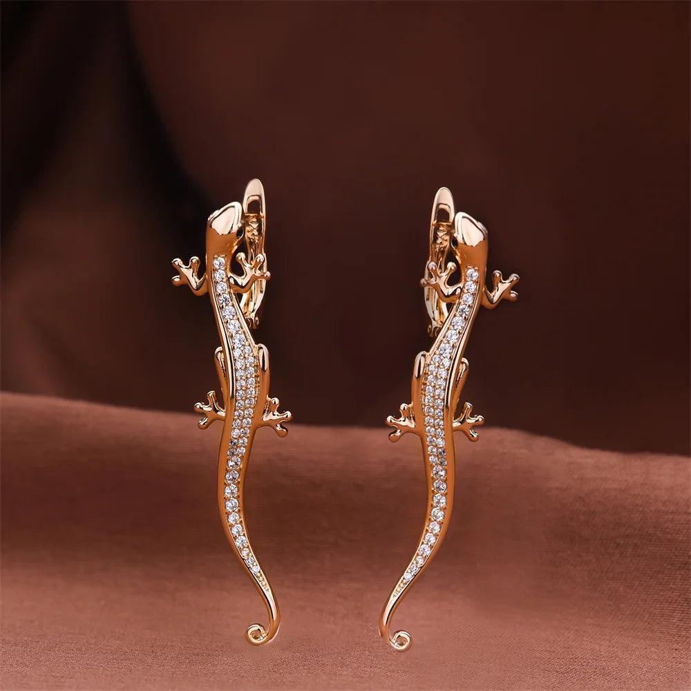 New Luxurious 14K Rolled Rose Gold Lizard Drop Personality Earrings Gothic Inlaid AAA CZ Crystals - Cute Jewellery