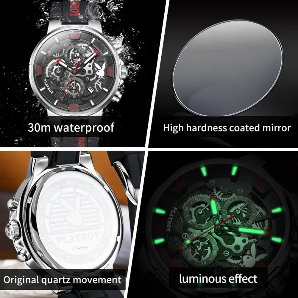 PLAYBOY Casual Quartz Luxury Sports Luminous Waterproof Fashion High-end Silicone Strap Men's Wristwatch