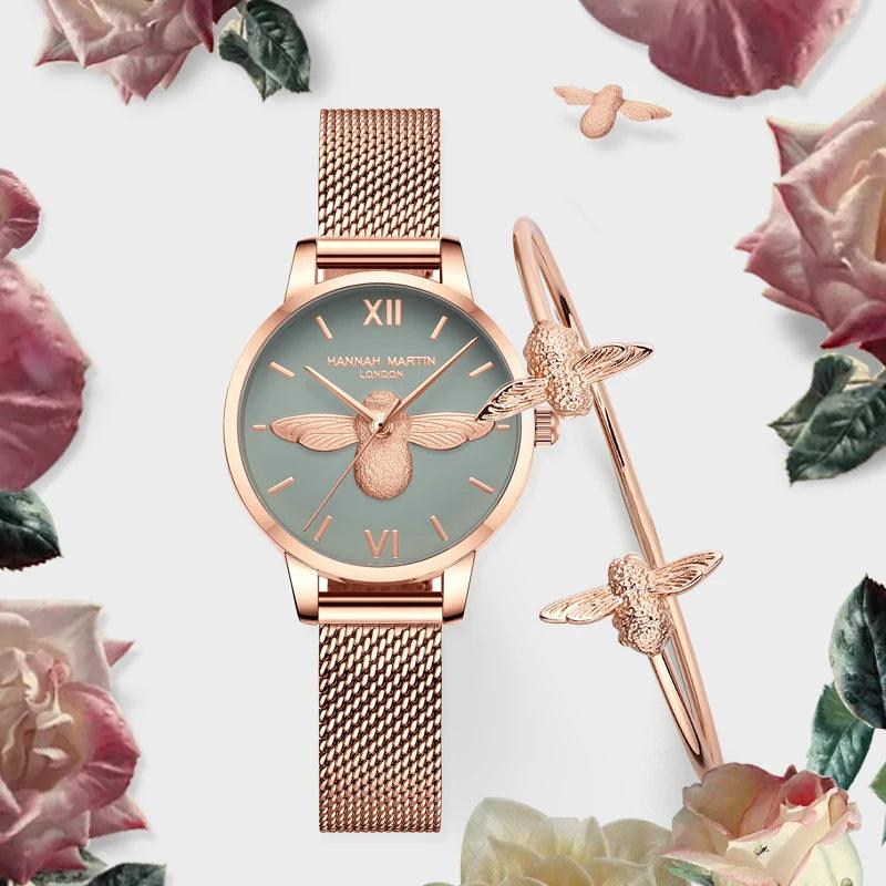Elegant Luxury 3D Engraved Bee Dial Ladies Watch Rose Gold Plated 31mm Classic Casual Dress Watch with Bracelet Set