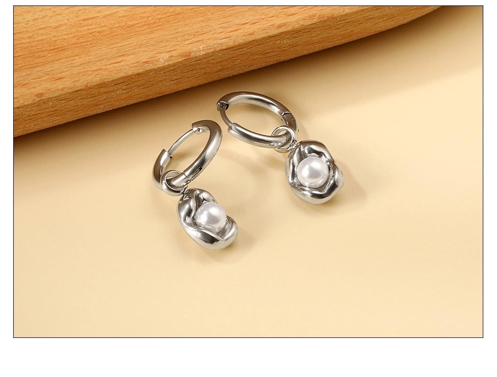 New Imitation Pearls Drop Hoop Earrings for Women Girls -  Stainless Steel Irregular Oval Shape Fashion Gifts - The Jewellery Supermarket