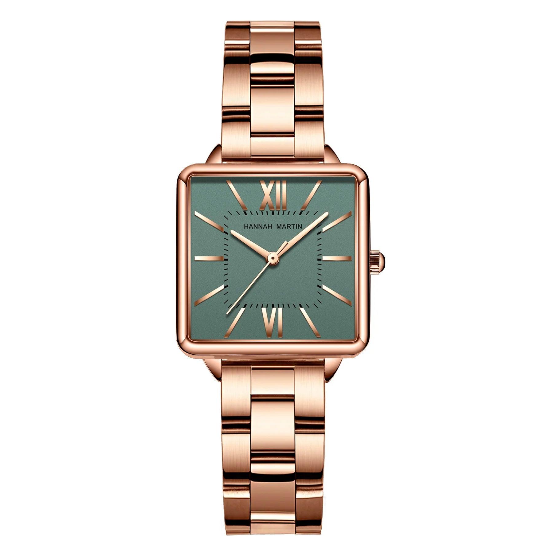 Elegant Green Dial Roman Square Ladies Rose Gold Plated Case Watches Quartz Stainless Steel Fashion Wristwatches