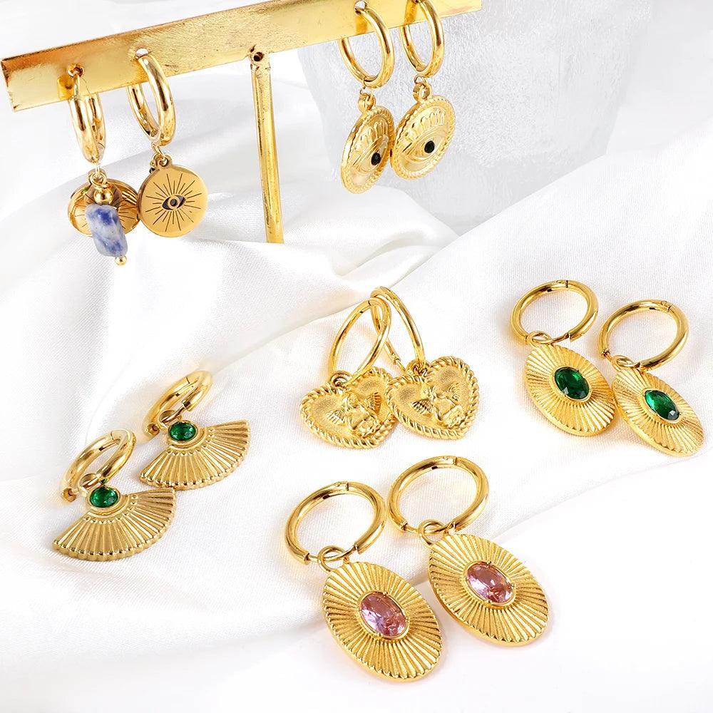 New Green White Color Zircon Crystals Stainless Steel Heart Square Leaf Shape Pendant Hoop Earrings For Women and Girls - The Jewellery Supermarket