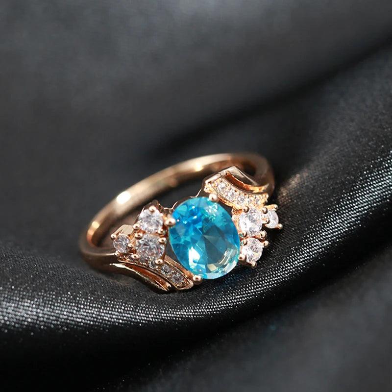 Shiny Blue Oval  Peach Heart Cutting Filled 14K Rose Gold AAA Zircon Crystals Rings For Women, Luxury Jewellery