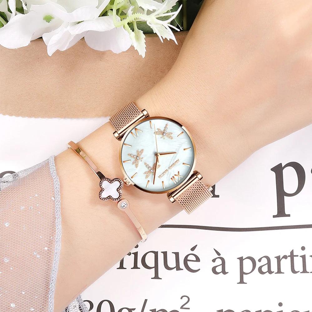New Elegant Dragonfly Design White Oyster Pearl Shell Scallop Dial Quartz Ladies Watch Stainless Steel Women Watches