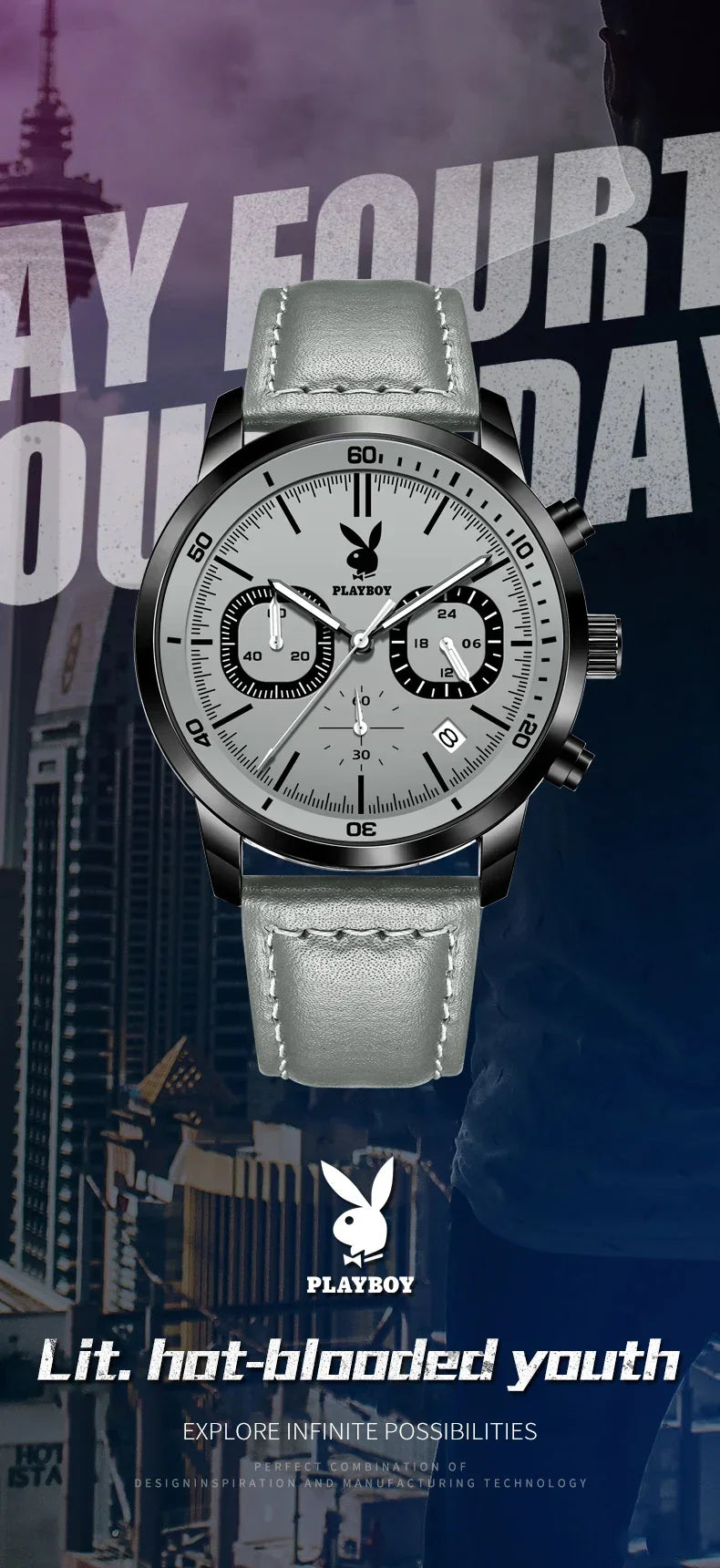 PLAYBOY Top Brand Fashion Watch for Men Leather Strap  High Quality Casual Waterproof Luxury Quartz Men's Watches