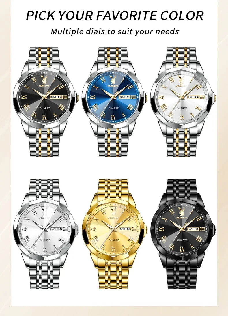 PLAYBOY Fashion Luxury High Quality Original Stainless Steel Waterproof Dual Calendar Luminous Quartz Men Watch