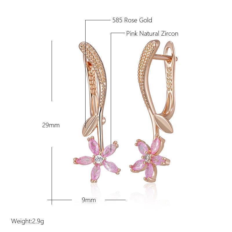 Superb Frosted Texture Pink 14K Rolled Rose Gold AAA Zircon Flower Dangle Earrings for Women - Fashion Jewellery