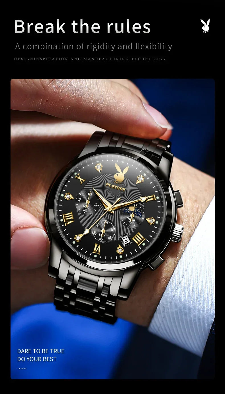 PLAYBOY Fashion Luxury Multifunction Original Waterproof Stainless Steel High Quality Quartz Watch for Men