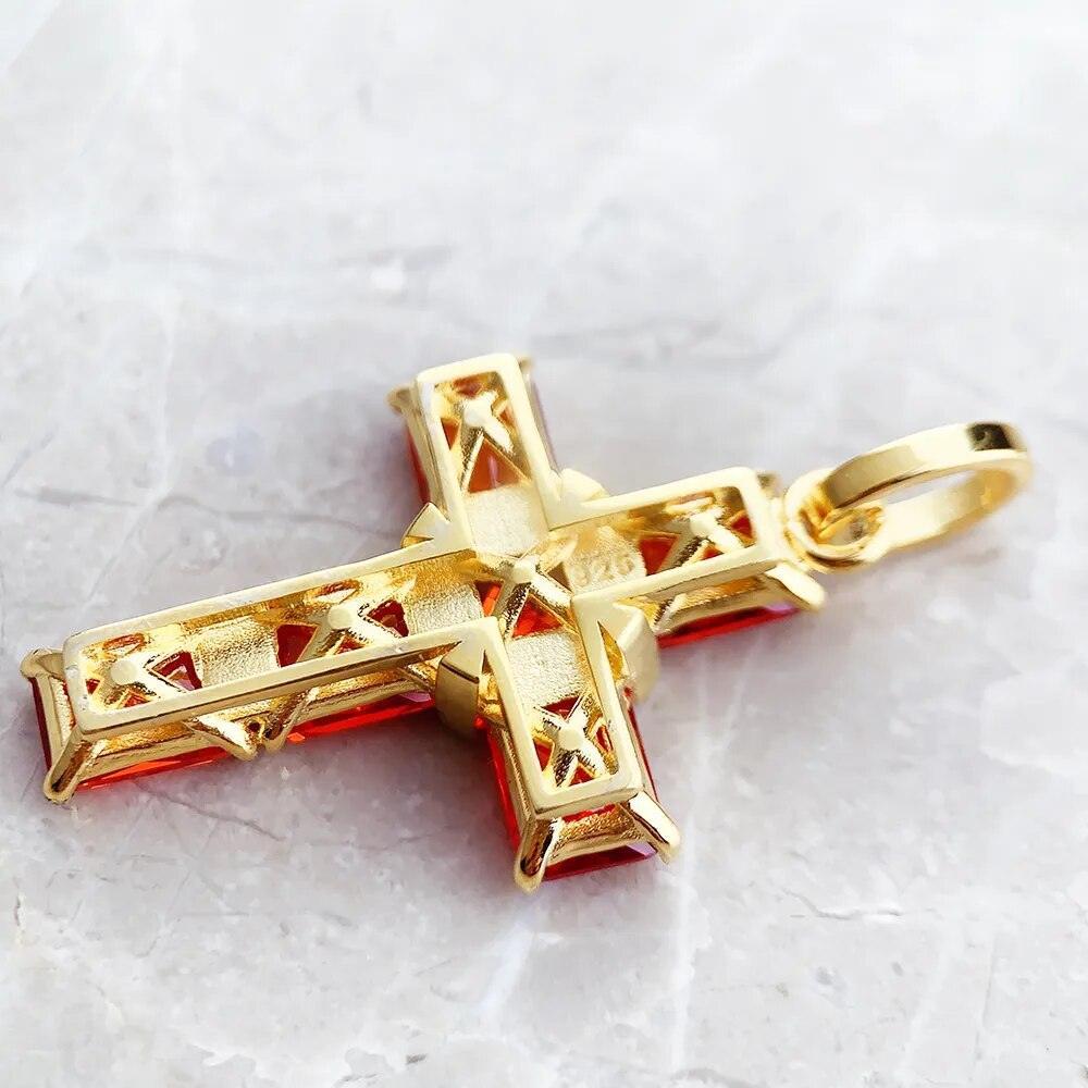 Brand New Golden Cross With AAA CZ Orange Crtsyals Pendant 925 Sterling Silver Fine Jewellery For Women - The Jewellery Supermarket
