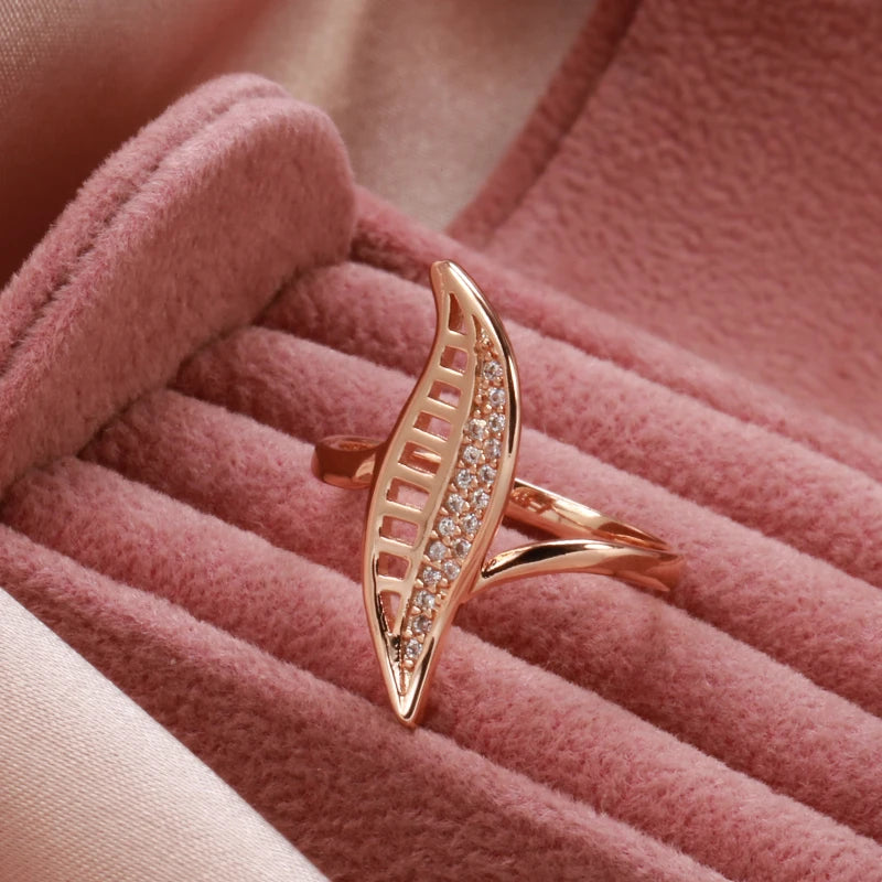 Luxury Leaf Shape Wax Inlay Rolled 14K Rose Gold AAA Zircon Diamonds Ring - Party Fashion Daily Jewellery