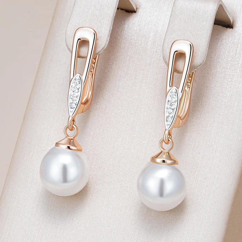 Luxury Unique Geometric Filled Rose Gold of 14-Karat Purity Pearl Drop Earrings for Women - Boho Ethnic Jewellery