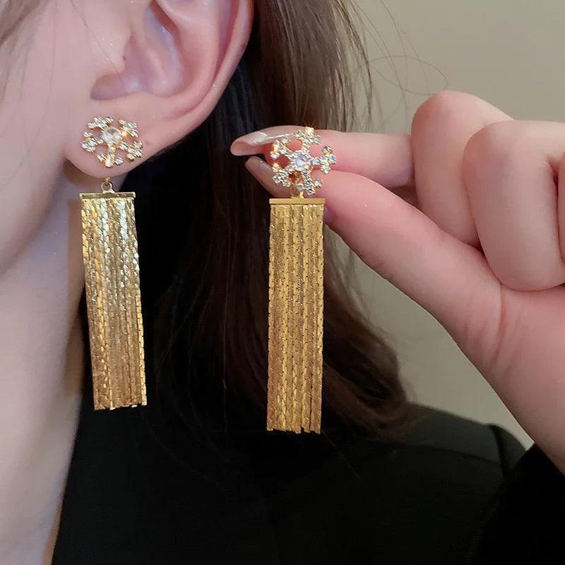 Fashion Statement Long Gold Plated Bling Tassel Earrings For Women and Girls - Stainless Steel Daily Fashion Jewellery - The Jewellery Supermarket