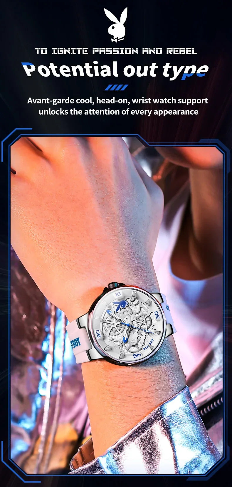 PLAYBOY Luxury Brand Casual Waterproof Quartz Silicone Strap Sports Elegant High-end Wrist Watch for Men