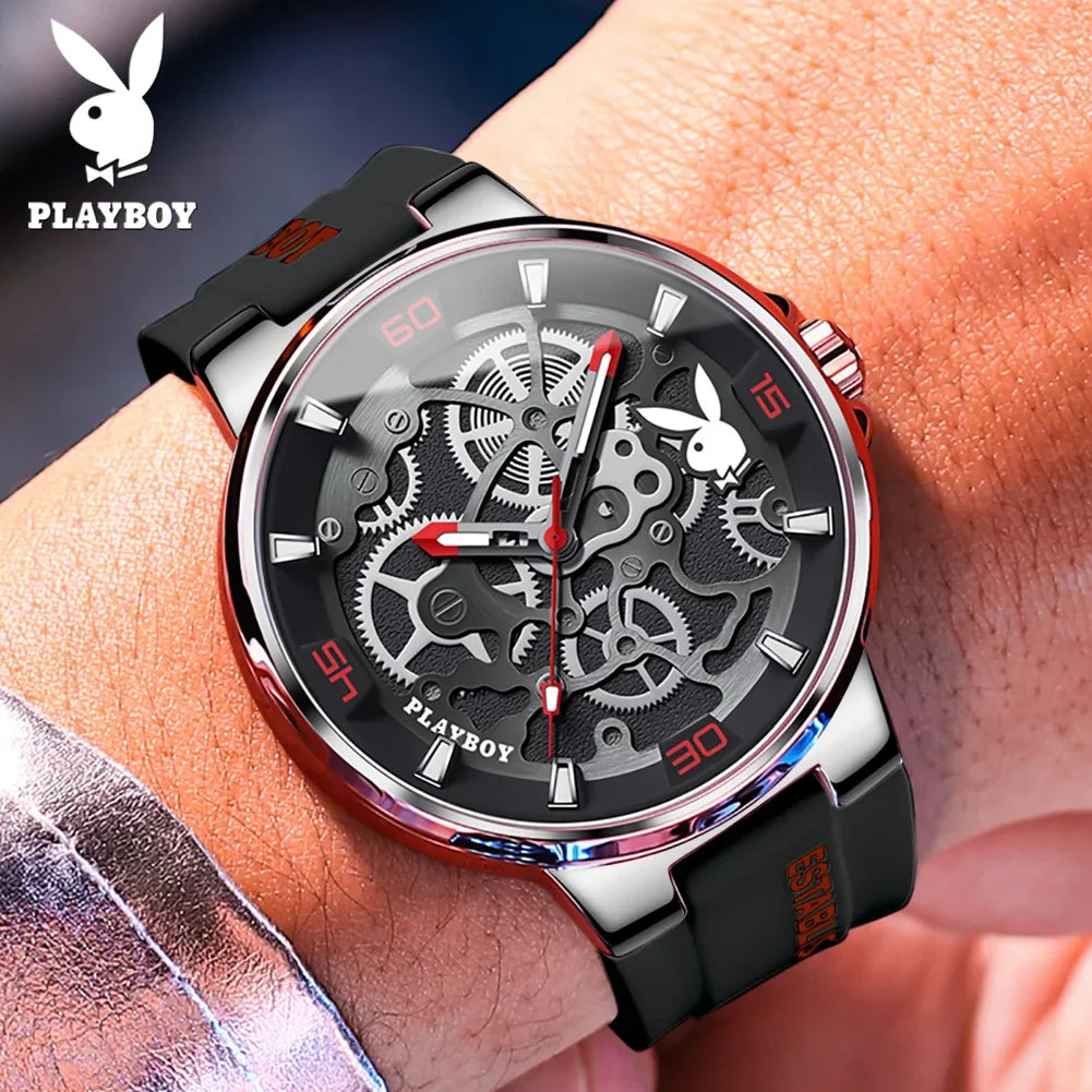 PLAYBOY Luxury Brand Casual Waterproof Quartz Silicone Strap Sports Elegant High-end Wrist Watch for Men